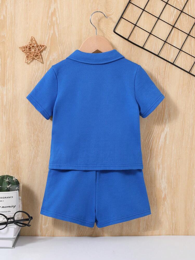 Baby Boy And Girl Summer Casual Solid Color Short Sleeve Shirt And Elastic Waist Shorts Set
