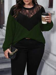 Calvaya Plus Size Women's Lace Spliced Ribbed Sweatshirt Pullover Fall Winter Autumn - Green - View 1