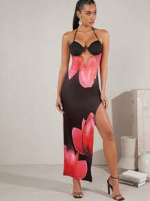 Hauture Damskie Kwiatowy Nadrukowany Wycięcie Dekolt Halter Sukienki - Różowy - Zobacz 1