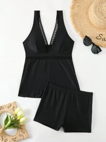 SHEIN Swim Women's Summer Beach Hollow Out Vest Style Tankini Set, Mature And Charming Style