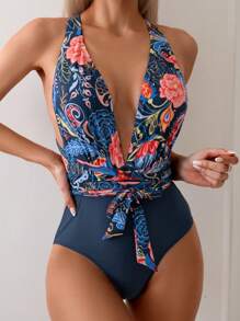 SHEIN Swim Summer Beach Women's Floral Print Cross Back One-Piece Swimsuit - Multicolor - View 1