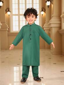 SHEIN 少年節三件套：長袖半扣衫+褲子+編織腰帶帽子 - 綠色 - 查看 5