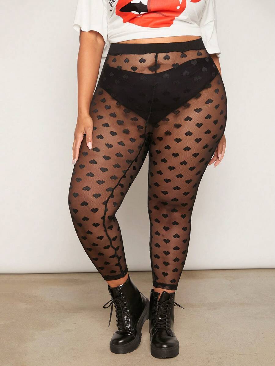 SHEIN CURVE+ Plus Size Women's Heart-Shaped Mesh Pants - Black - View 1