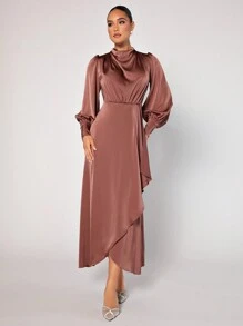 Modelyn Vestido Largo De Manga De Linterna De Mujer Con Cuello Envuelto Y Dobladillo De Volantes - Rosa - Ver 5