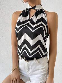 SHEIN Privé Của phụ nữ Không tay Áo sơ mi Với Dợn sóng Mẫu sọc , Có nút Vòng cổ - Nhiều màu - Xem 6