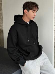 DAZY Men Kangaroo Pocket Drop Shoulder Drawstring Hoodie Without Tee - Black - View 3