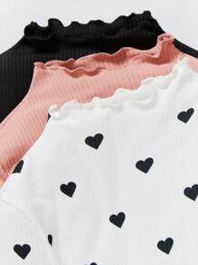 SHEIN Tween Girl 3pcs/Set Knit Stand Collar Heart Pattern Casual T-Shirt