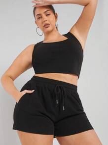 Hauture Conjunto De Camiseta Sin Mangas Y Pantalones Cortos De Color Liso Para Mujer - Negro - Ver 4