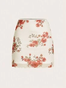 SHEIN Privé Women's Floral Print Mesh Skirt - Black - View 7