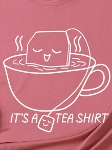 SHEIN LUNE 女款大尺碼卡通印花標語短袖 T 卹 - 藕粉色 - 查看 3