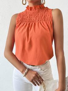 SHEIN Essnce Solid Color Pleated Ruffle Sleeveless Blouse - Redwood - View 5