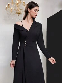 Modelyn 女式不对称领口长袖连衣裙长款女装 - 黑色 - 查看 7