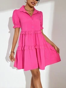 SHEIN WYWH Của phụ nữ Ngắn Ống tay áo Váy sơ mi - Màu Hồng Tươi - Xem 5
