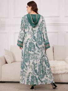 Al Najma 大码女式春夏阿拉伯植物印花连衣裙，拼接抽绳兜帽，休闲长袖超长连衣裙，卡夫坦 - 彩色 - 查看 2