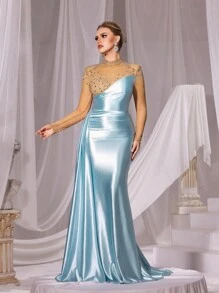 Faeriesty Rhinestone Detail Mock Neck Contrast Mesh Satin Formal Dress - Blue - View 5