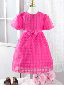 SHEIN Tween Girl's Plaid Short Bubble Sleeve Dress - Hot Pink - View 1
