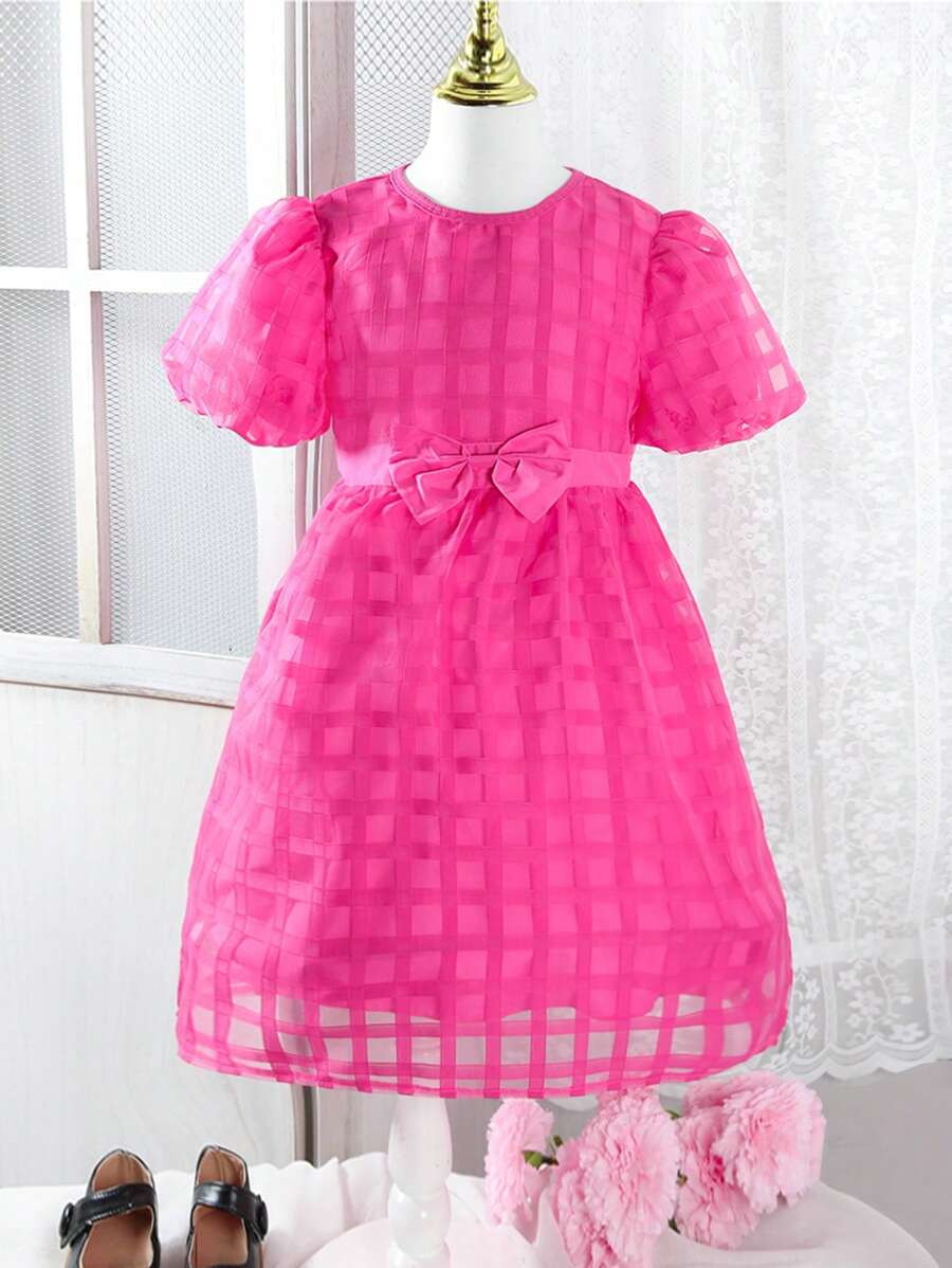 SHEIN Tween Girl's Plaid Short Bubble Sleeve Dress - Hot Pink - View 1