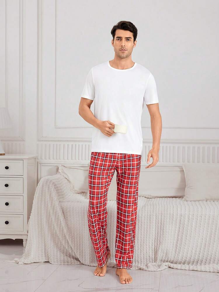 Men'S Solid Color Top & Checked Long Pants Homewear Set