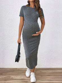 SHEIN Maternity Casual Tight Round Neck Midi Dress - Grey - View 3