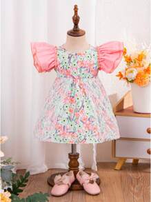 Baby Girl Vintage Style Lace Panel Floral Print Colorblock Ruffle Hem Dress - Pink - View 1