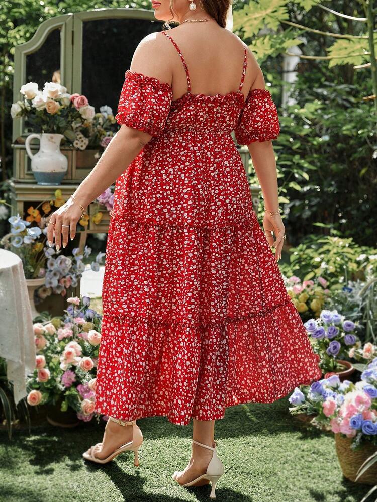 Plus Size Floral Puff Sleeve Spaghetti Strap Dress, Valentine's Day