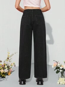 SHEIN MOD 女士純色直筒牛仔褲 - 黑色 - 查看 2