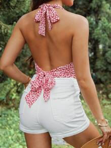 SHEIN Frenchy 女性花卉印花綁頸系背心 - 紅色 - 查看 3