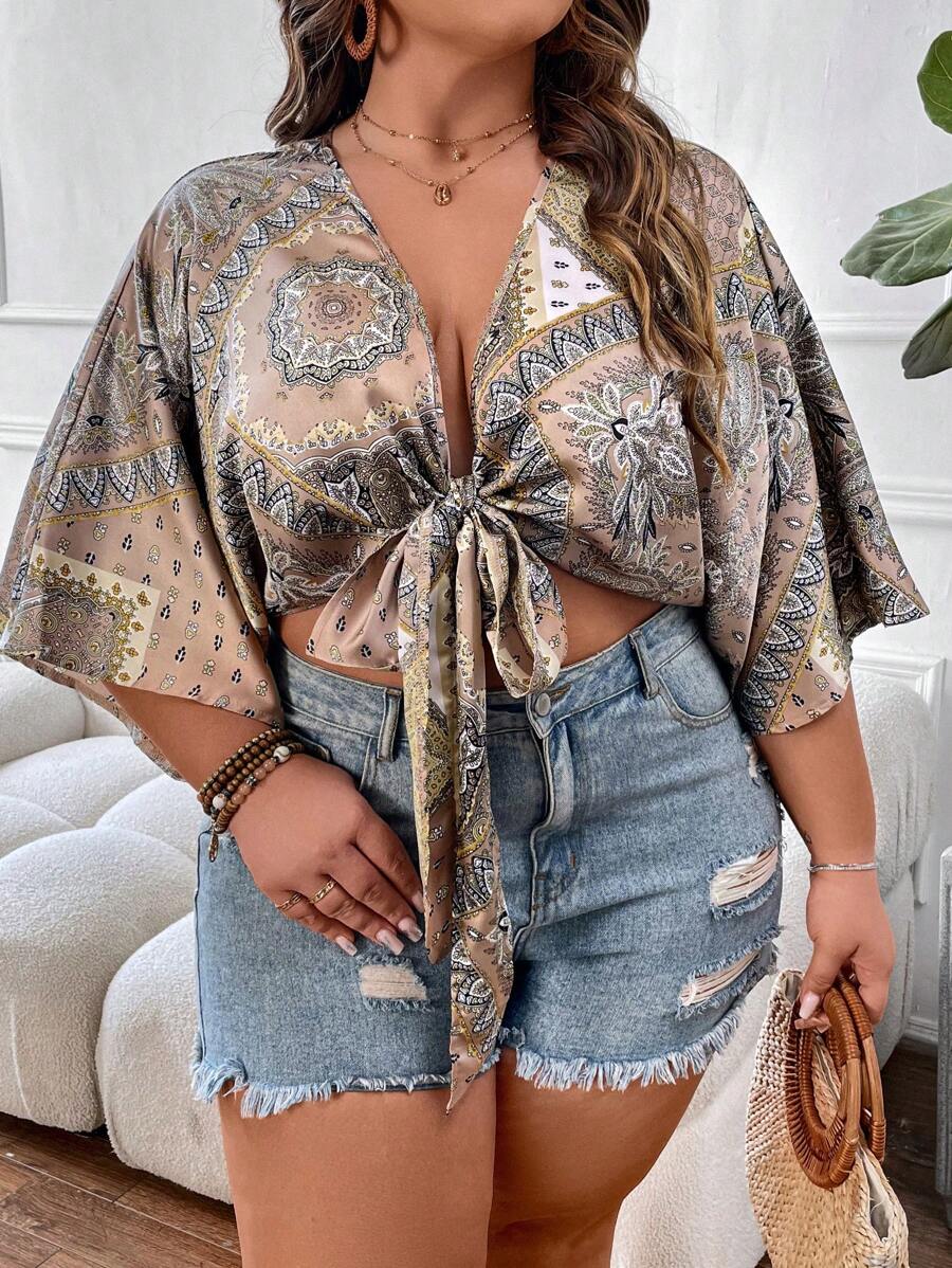 SHEIN Clasi Plus Size Women's Front Tie Shirt With Scarf Print - Khaki - View 1