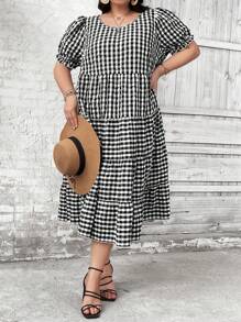 SHEIN CURVE+ 大尺碼方格紋鬆緊收腰連衣裙 - 黑與白 - 查看 7