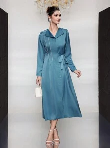 Modelyn 女式束带 A 字形连衣裙，配编织饰边细节长款晚礼服 - 藍色 - 查看 4