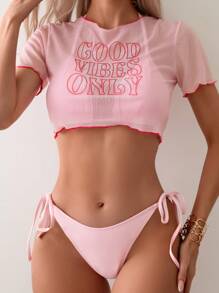 Swim Mod Summer Beach Ladies' Letter Printed Bikini Set With Solid Bikini Set And Cover-Up Set - Pink - View 1