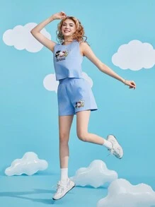 HELLO KITTY AND FRIENDS | SHEIN 卡通與字母圖形背心和短褲 - 藍色 - 查看 6