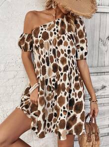 SHEIN VCAY 女士印花斜肩嬰娃裝連身裙 - 棕色 - 查看 6