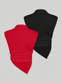 Solid Color Stand Collar Asymmetrical Hem Tank Top For Summer Set - Multicolor - View 2