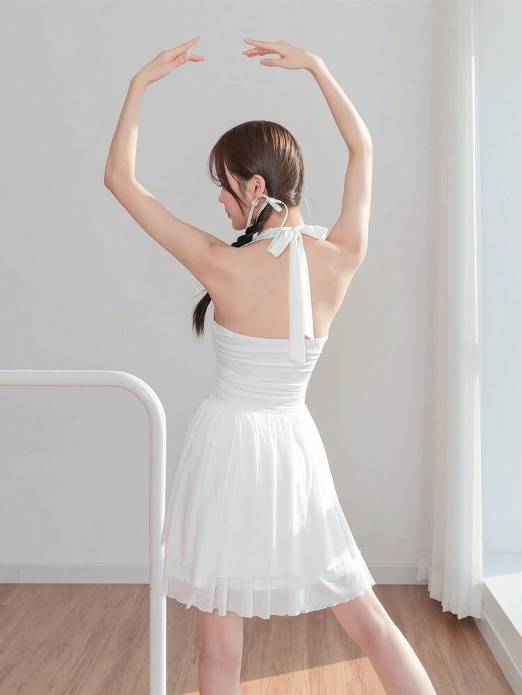 White Summer Dress Balletcore Sweet Lace-Up Bow Mesh Splice Halter Neck Two Layer Hem Mini Dress White Summer Dress