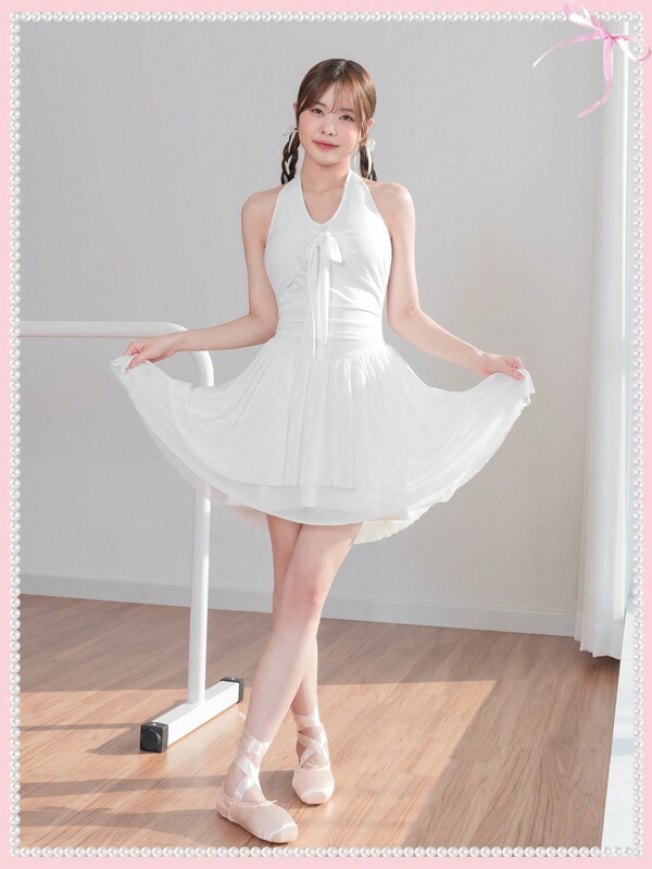 SHEINNeu Vestido blanco de verano de estilo ballet, dulce con cordones, empalmes de malla, cuello halter y dobladillo de dos capas minivestido blanco de verano