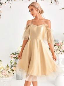 SHEIN Belle Bridesmaid Ruffle Sleeve Solid Color Formal Dress For Adults - Apricot - View 6