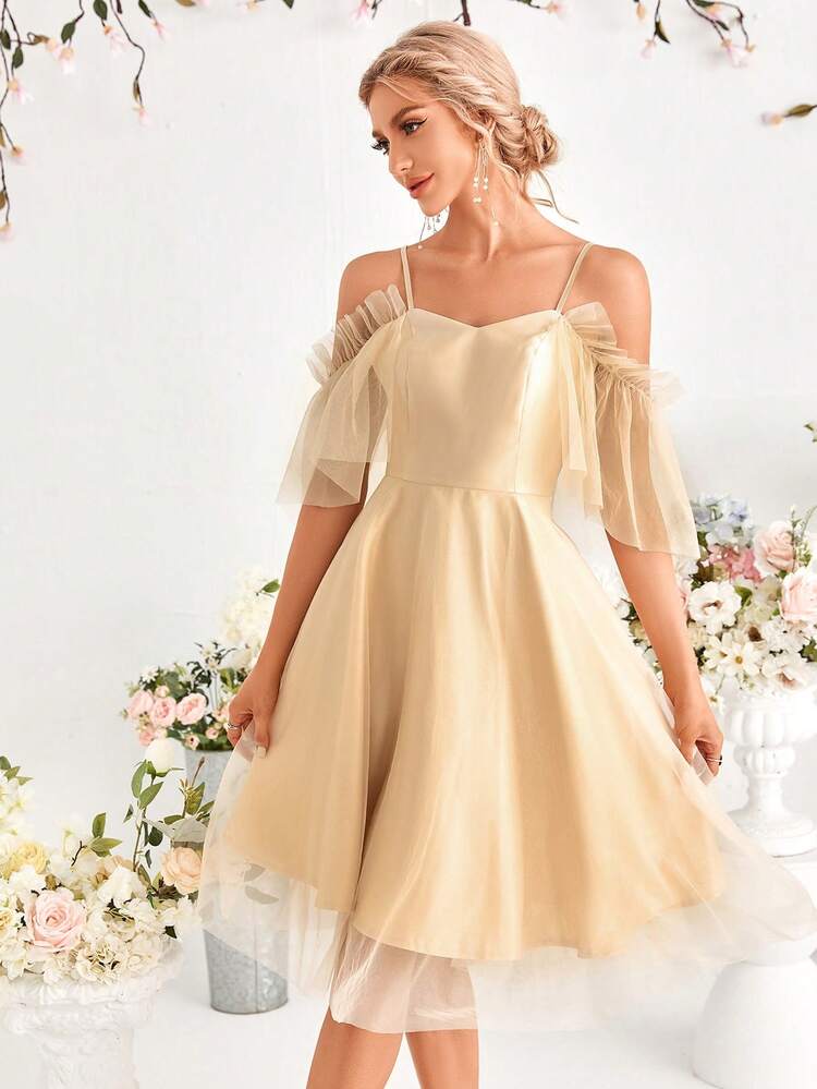 Bridesmaid Ruffle Sleeve Solid Color Formal Dress For Adults