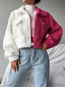 SHEIN PETITE Hai âm Thả vai Áo Teddy Jackets - Hồng - Xem 3