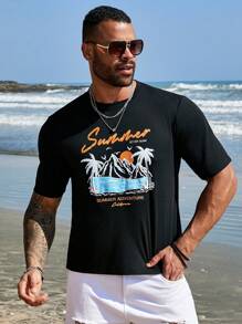 Manfinity RSRT Nam Kích thước lớn Nhiệt đới & Lá thư In Áo thun - màu đen - Xem 5