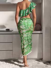 SHEIN Swim One-Shoulder Ruffled Flower Decorated Bikini Set With Bikini Set Skirt Summer Beach