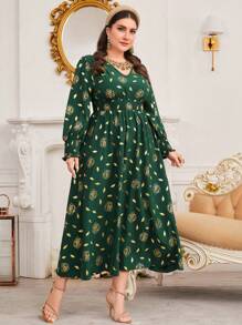 Al Najma Rozmiar Plus Kwiatowy Nadrukowany Dekolt w kształcie litery V Sukienka z paskiem - Zielony - Zobacz 4