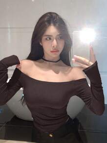 DAZY Ladies' Open Shoulder Slim Fit T-Shirt Going Out Tops,Fall Clothes Long Sleeve Women Tops Off Shoulder Top - Coffee Brown - View 5