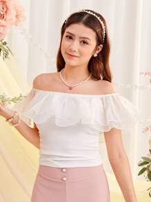 SHEIN 少女针织撞色网眼荷叶边下摆休闲露肩褶饰T恤 - 白色 - 查看 1