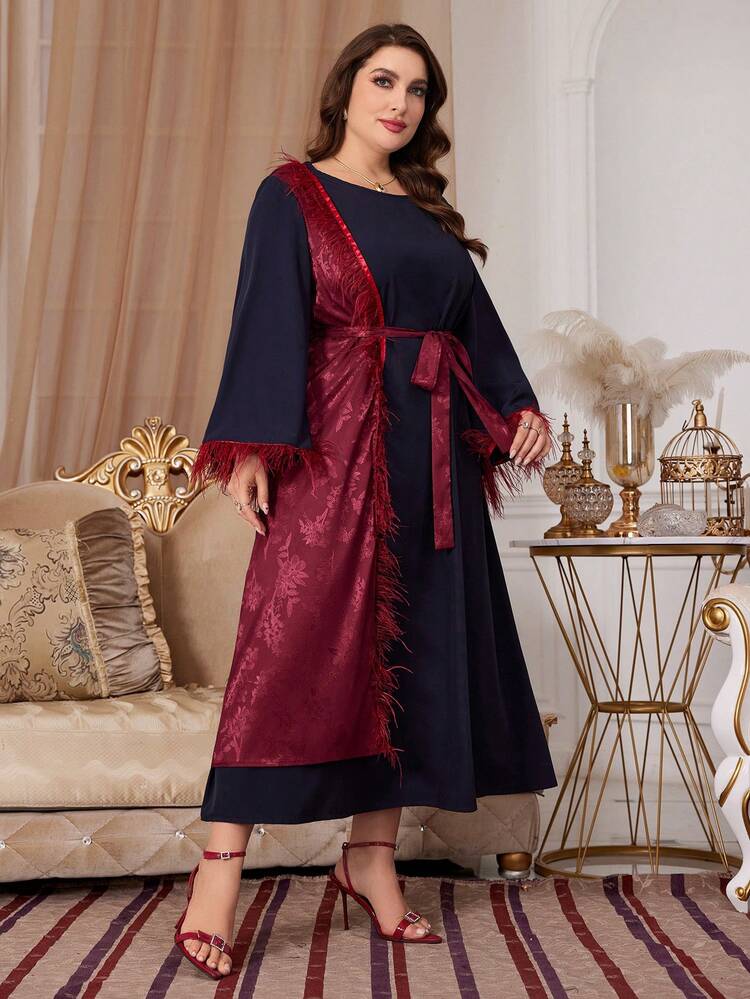 Plus Size Colorblock Printed Patchwork Frayed Hem Dress