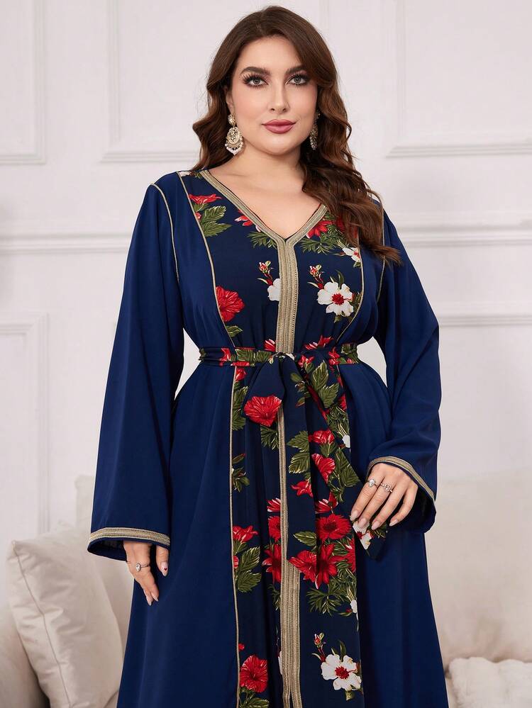 Plus Size Women's Arab Clothing With Floral Print Spliced Ribbon Kaftan Jalabiya Dress