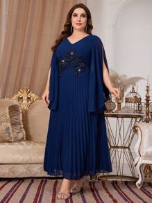Modelyn Plus Size Embroidered Cape Sleeve Shift Dress Long Evening Dresses - Navy Blue - View 5
