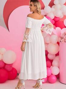 孕妇网眼撞色露肩连衣裙 - 白色 - 查看 2