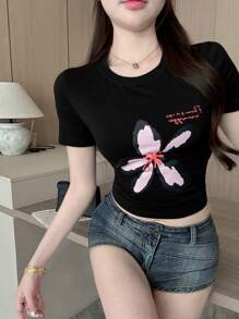 DAZY Women's Printed Minimalist Style T-Shirt - Black - View 7