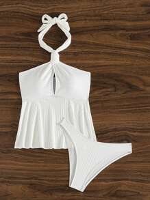 SHEIN Swim Summer Women's Solid Ribbed Halter Top & Swim Bottom Tankini Set - White - View 8